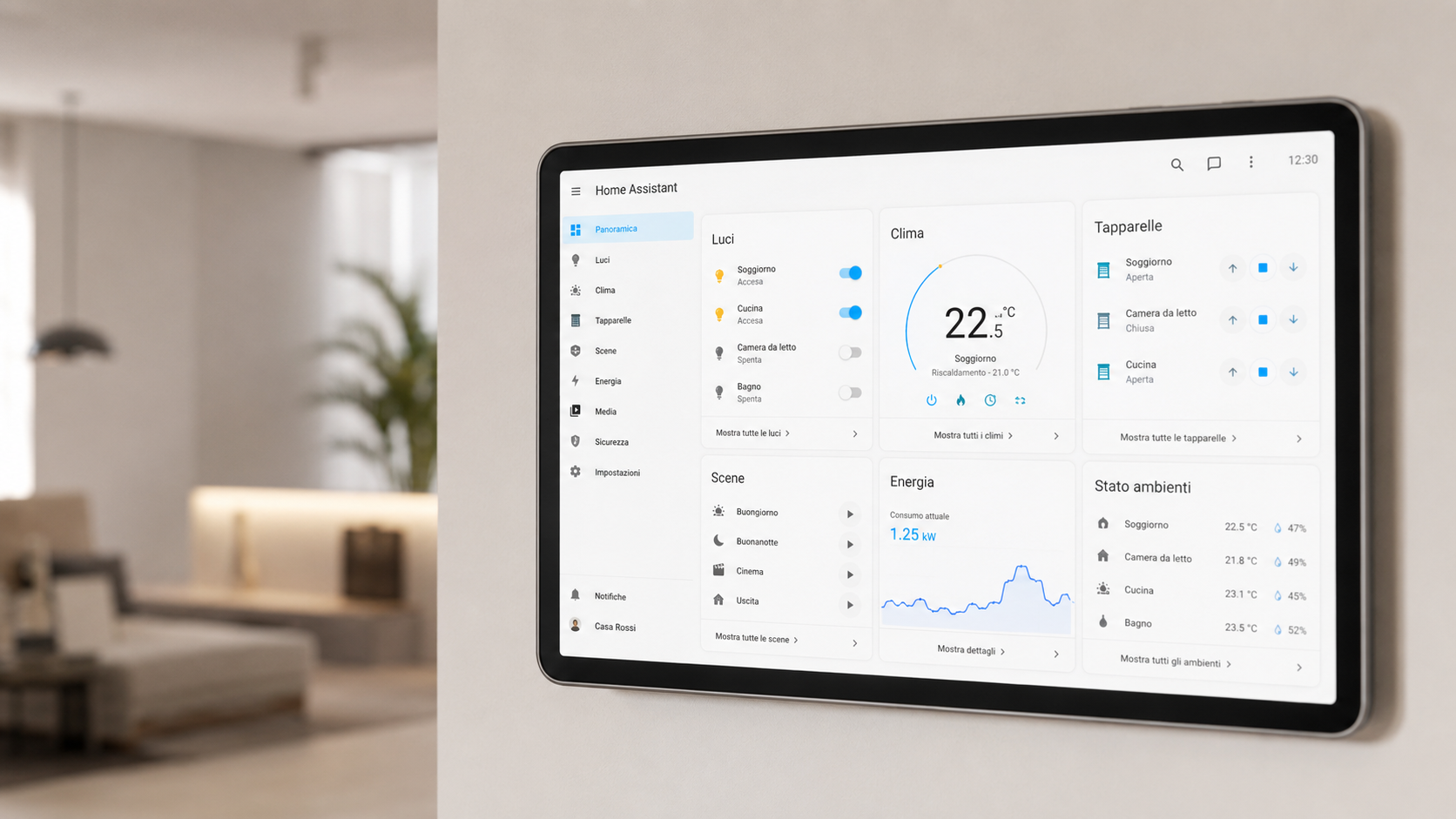 Esempio illustrato di dashboard Home Assistant personalizzata
