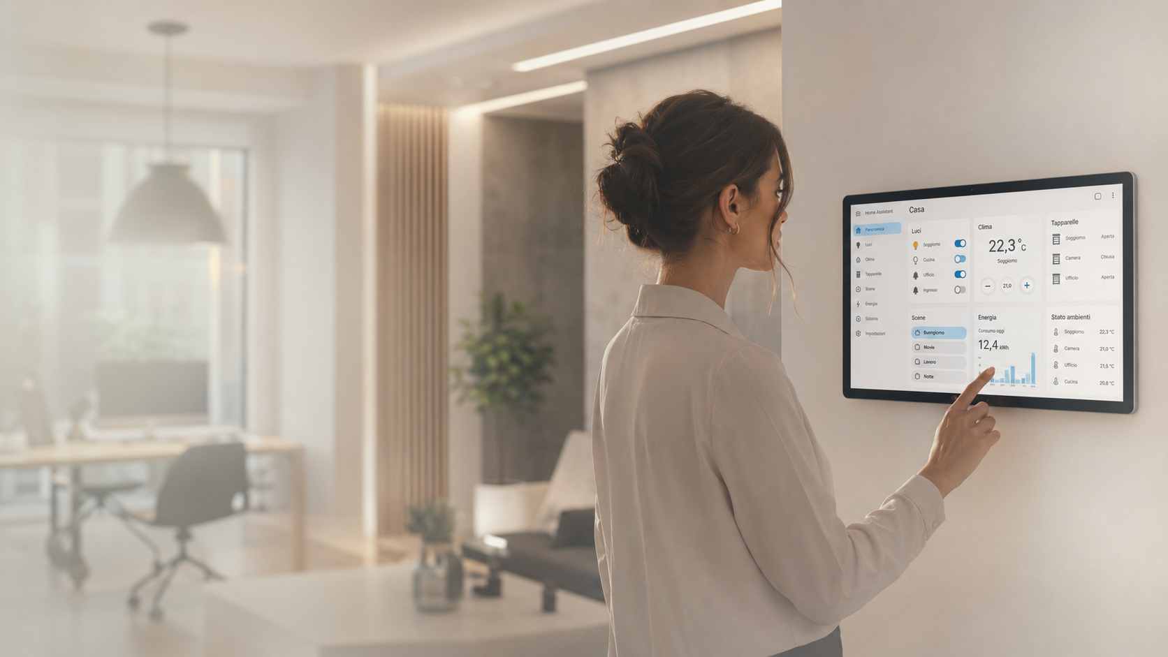 Illustrazione di una casa e un ufficio controllati da una dashboard domotica